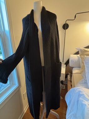 Long Chunky Open-Front Knit Cardigan - Black